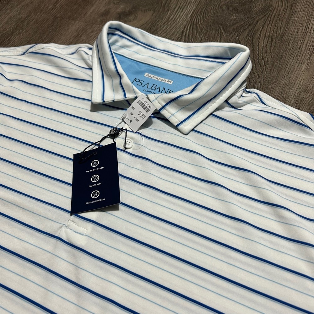 Jos A Bank Polo Shirt XXL White Striped Traveler Performance Traditional New